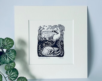 Badgers Home - Mounted, Hand Printed Original Linocut Print. Black on White With White Mount.