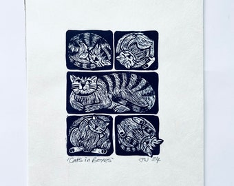 Cats in boxes - Hand Printed Unmounted, Signed Linocut Print