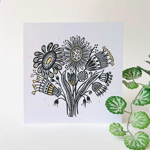 Bouquet doré - Carte de voeux originale en linogravure