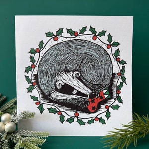 Xmas Badger Set of 4 Original Linocut Design Greetings Cards image 2