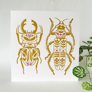Folk Beetles - Handmade Original Linocut Design Greetings Card