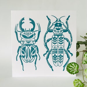 Folk Beetles - Handmade Original Linocut Design Greetings Card