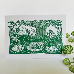 Les fouisseurs - carte de voeux linogravure originale faite à la main. Vert sur blanc