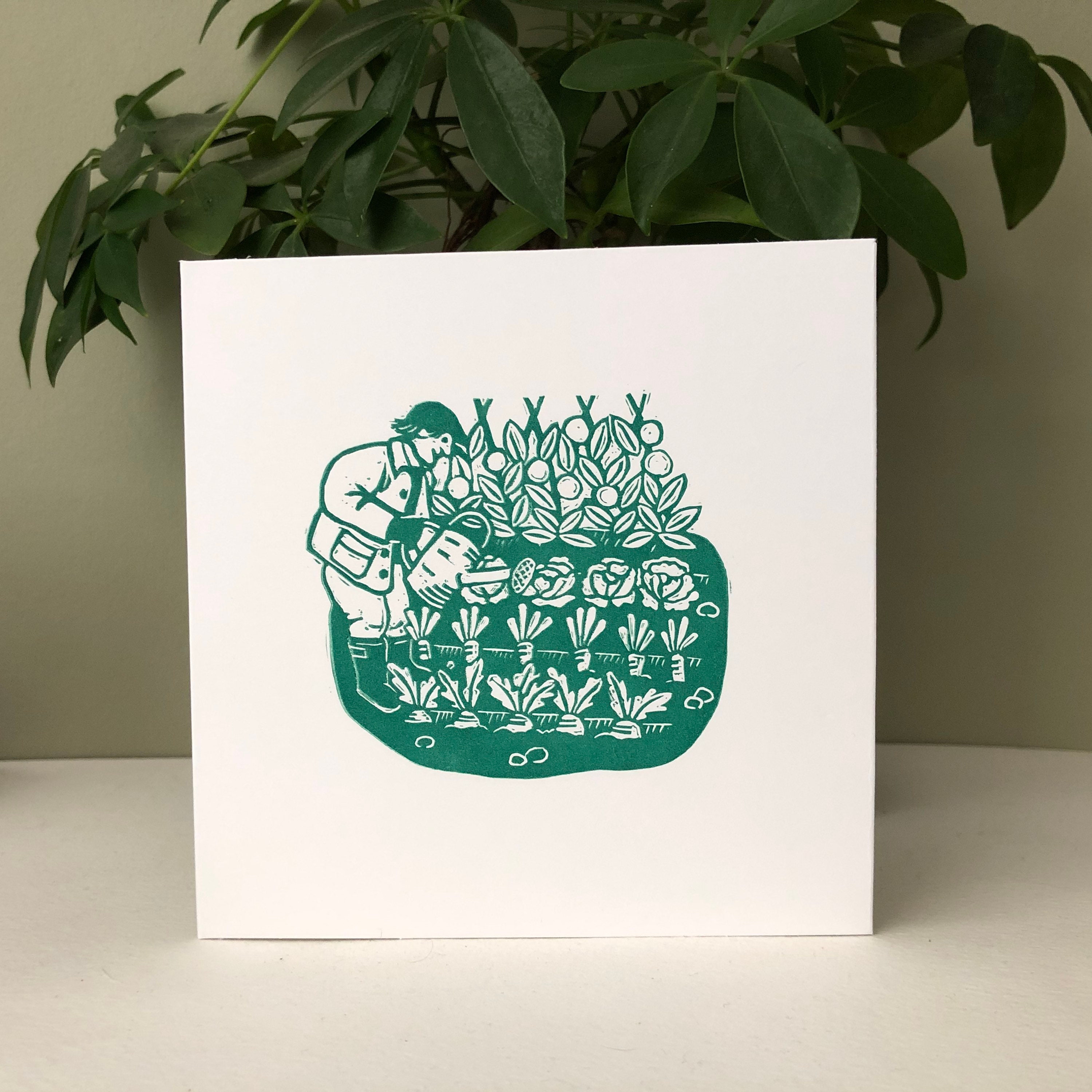 The Allotment - Lino Cut Greetings Card. Green on White.