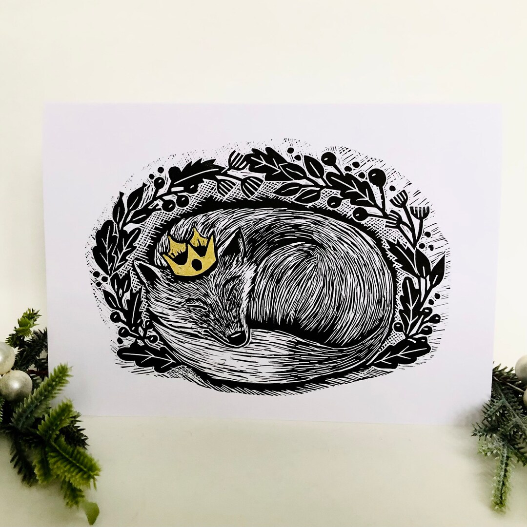 Princess Fox - Original Linocut Design Greetings Card - Etsy