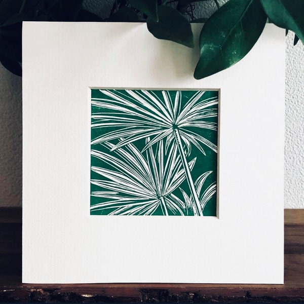 Mini Botanicals 3 - Original Mounted Linocut Print. Green on White