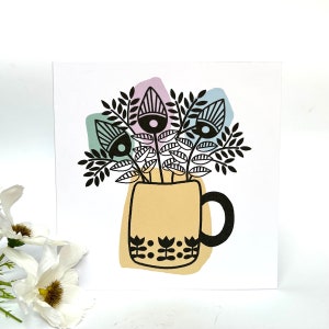 Fleurs pastel - Carte de voeux originale en linogravure