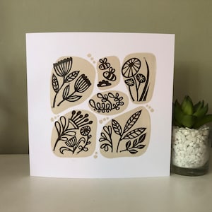 Doodles fleurs - carte de voeux linogravure originale imprimée à la main