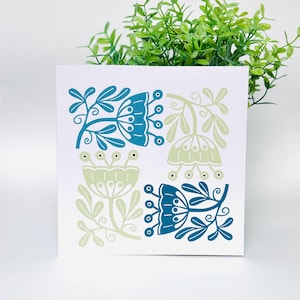 Carreaux de fleurs - carte de voeux originale en linogravure