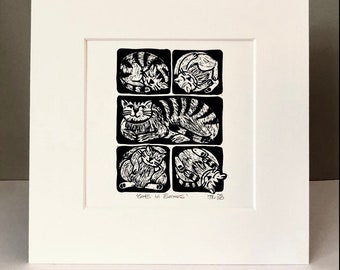 Cats in Boxes - Hand Printed Original Linocut Print. Black on White
