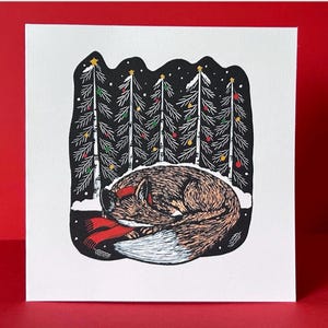 Renard de Noël - Carte de voeux originale en linogravure