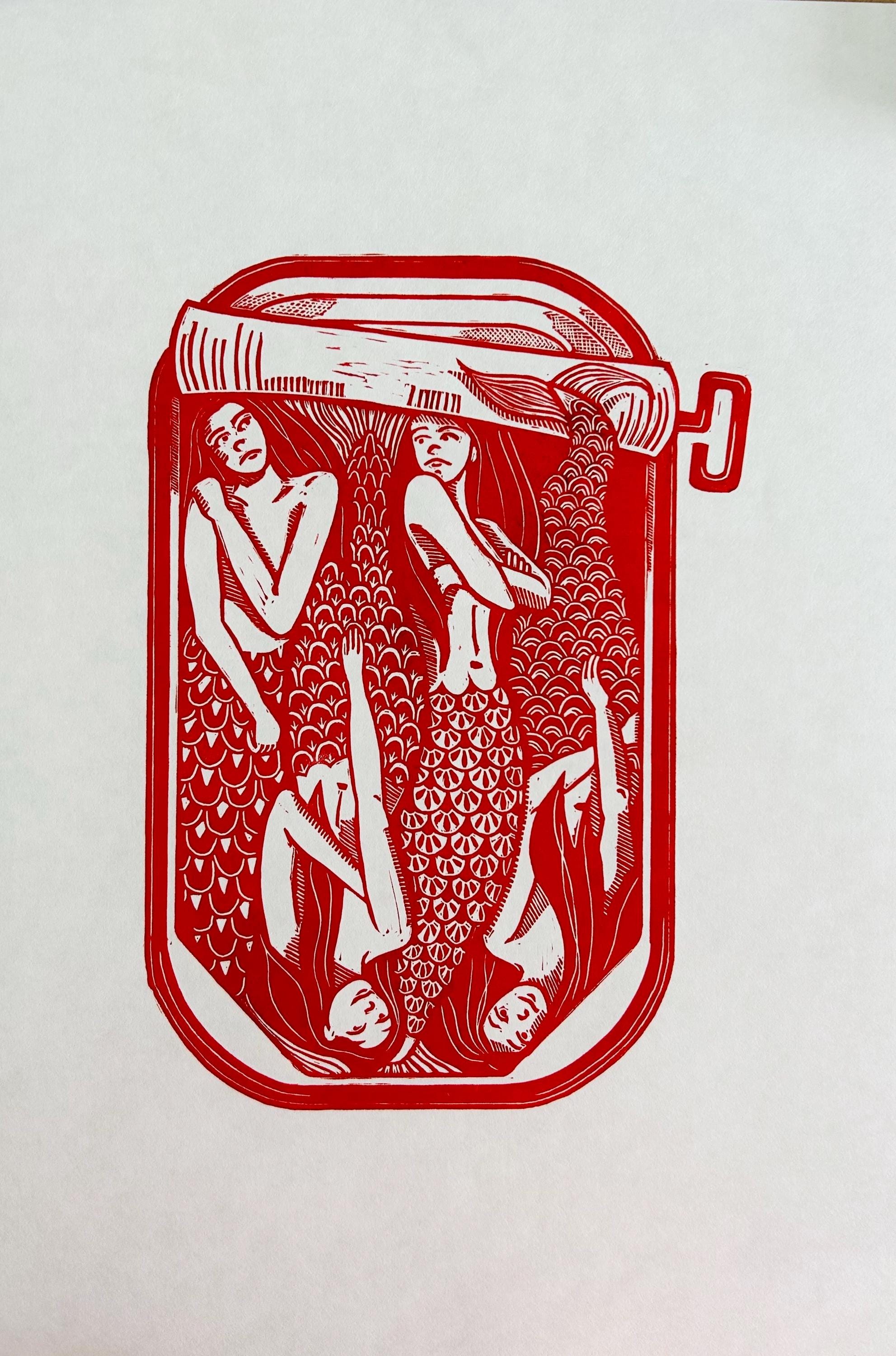 Mermaids - Hand Printed Original Linocut Print