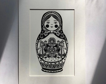 Mother Babushka - Linogravure originale imprimée à la main