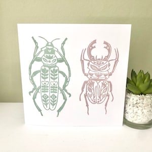 Pastel Folk Beetles - Hand Printed Original Linocut Greetings