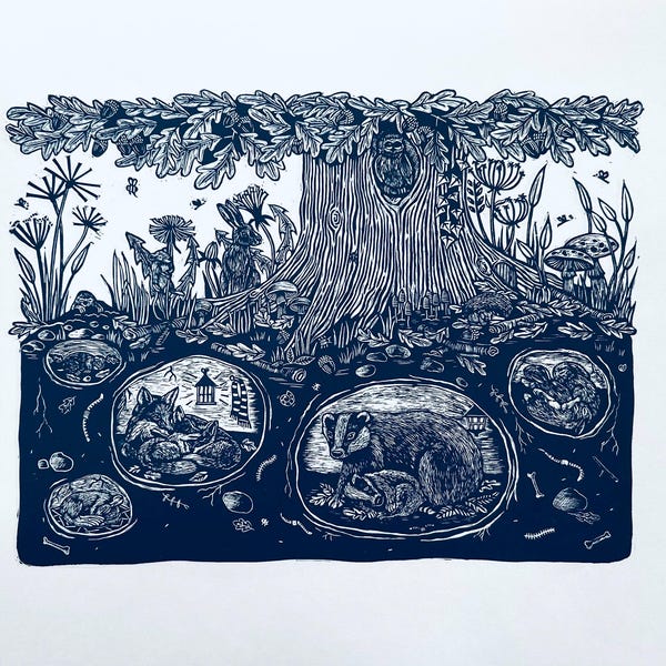 Big Burrowers - Hand Printed Original Signed Linocut Print.