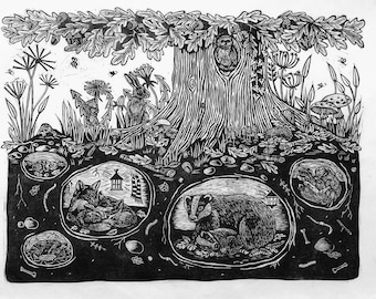 Big Burrowers Black- Hand Printed Original Signed Linocut Print.