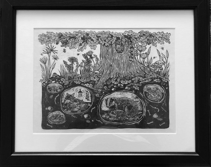 Small Acorn Lino Print Woodland Print Ochre Prints Mini Print Wall Art