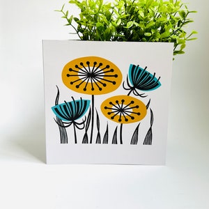 Atomic Retro Flowers- Original Linocut Design Greetings Card