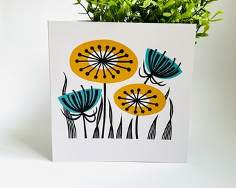 Atomic Retro Flowers- Original Linocut Design Greetings Card