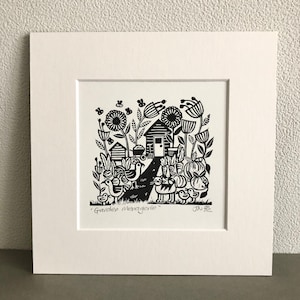 Garden Menagerie - Hand Printed Original  Lino Cut Print. Black on White with White Mount.