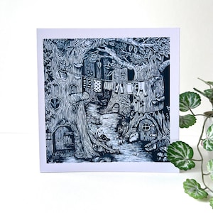 Dans les bois - Carte de voeux originale en linogravure