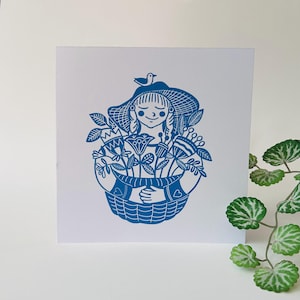 La récolte des fleurs - carte de voeux originale en linogravure