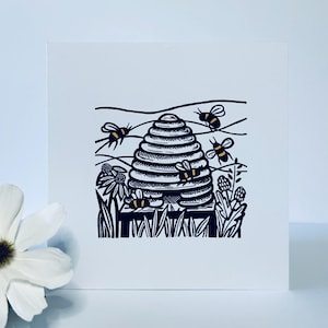 La ruche - carte de voeux linogravure design - noir et jaune sur blanc