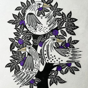Exotic Birds - Hand Printed Original Linocut Print
