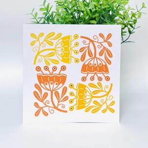 Carreaux de fleurs - carte de voeux originale en linogravure