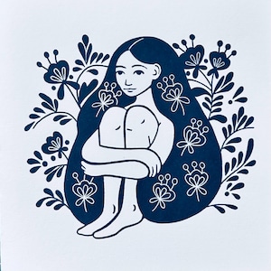 Paix - carte de voeux originale de conception de linogravure.  Bleu sur blanc