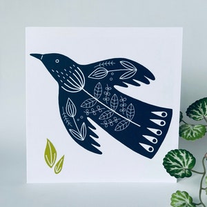 Oiseau folklorique - Carte de voeux originale en linogravure