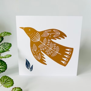 Oiseau folklorique - Carte de voeux originale en linogravure