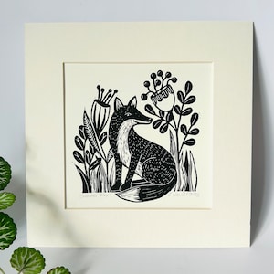 Summer Fox - Hand Printed Original Mounted Linocut Print.