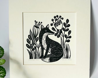 Summer Fox - Hand Printed Original Mounted Linocut Print.