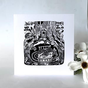 Prête pour l'hiver - Carte de voeux originale en linogravure.
