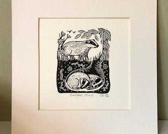 Badgers Home - Original Linocut Print. Black on White With White Mount.