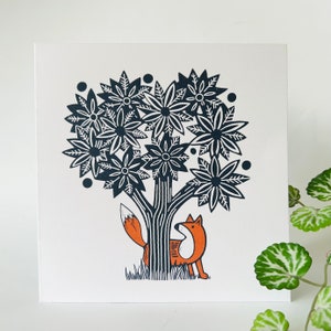 Petit renard roux - Carte de voeux originale en linogravure