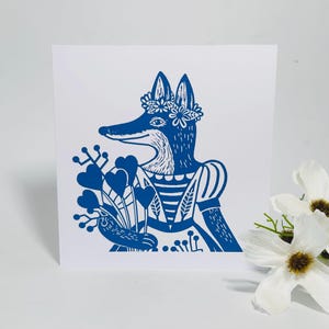 Fox Lady - Carte de voeux originale en linogravure