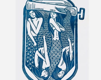 Mermaids - Hand Printed Original Linocut Print