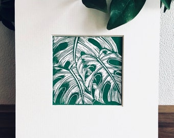 Mini Botanicals 2 - Hand Printed Original Mounted Linocut Print, Green on White