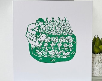 L'attribution - Lino Cut Design carte de voeux. Vert sur blanc.