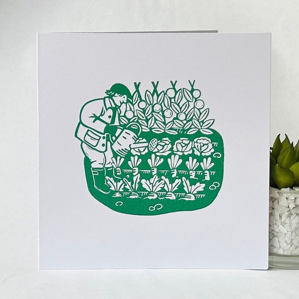 The Allotment - Lino Cut Design Greetings Card. Green on White.