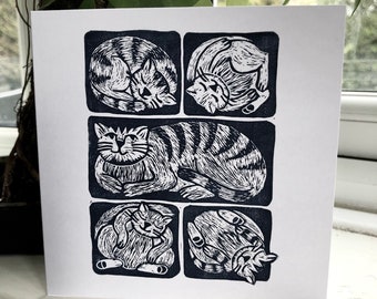 Cats in Boxes - Original Linocut Design Greetings Card