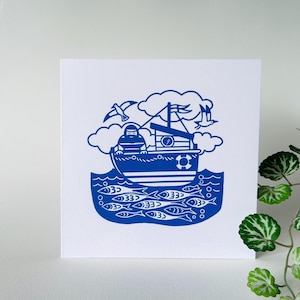 Ship Ahoy - Carte de voeux originale en linogravure. Bleu sur blanc