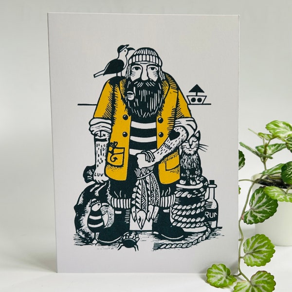 Fisherman- Original Linocut Design Greetings Card