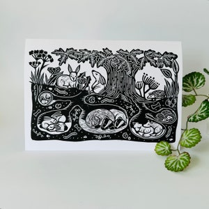The Burrowers Hand Made Original Linocut Design Greetings Card. Black on White image 2