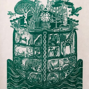 Rescue Mission - Hand Printed Original Linocut Print. Green Ink on Handmade Mulberry Paper