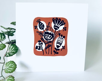 A Little Bit Of Retro 2 - Linocut Greetings Card. Black and Rust ink on White