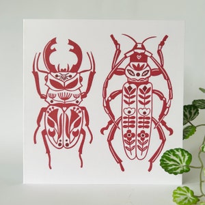 Folk Beetles - Handmade Original Linocut Design Greetings Card