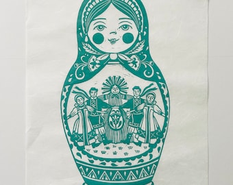 Mother Babushka - Linogravure originale imprimée à la main